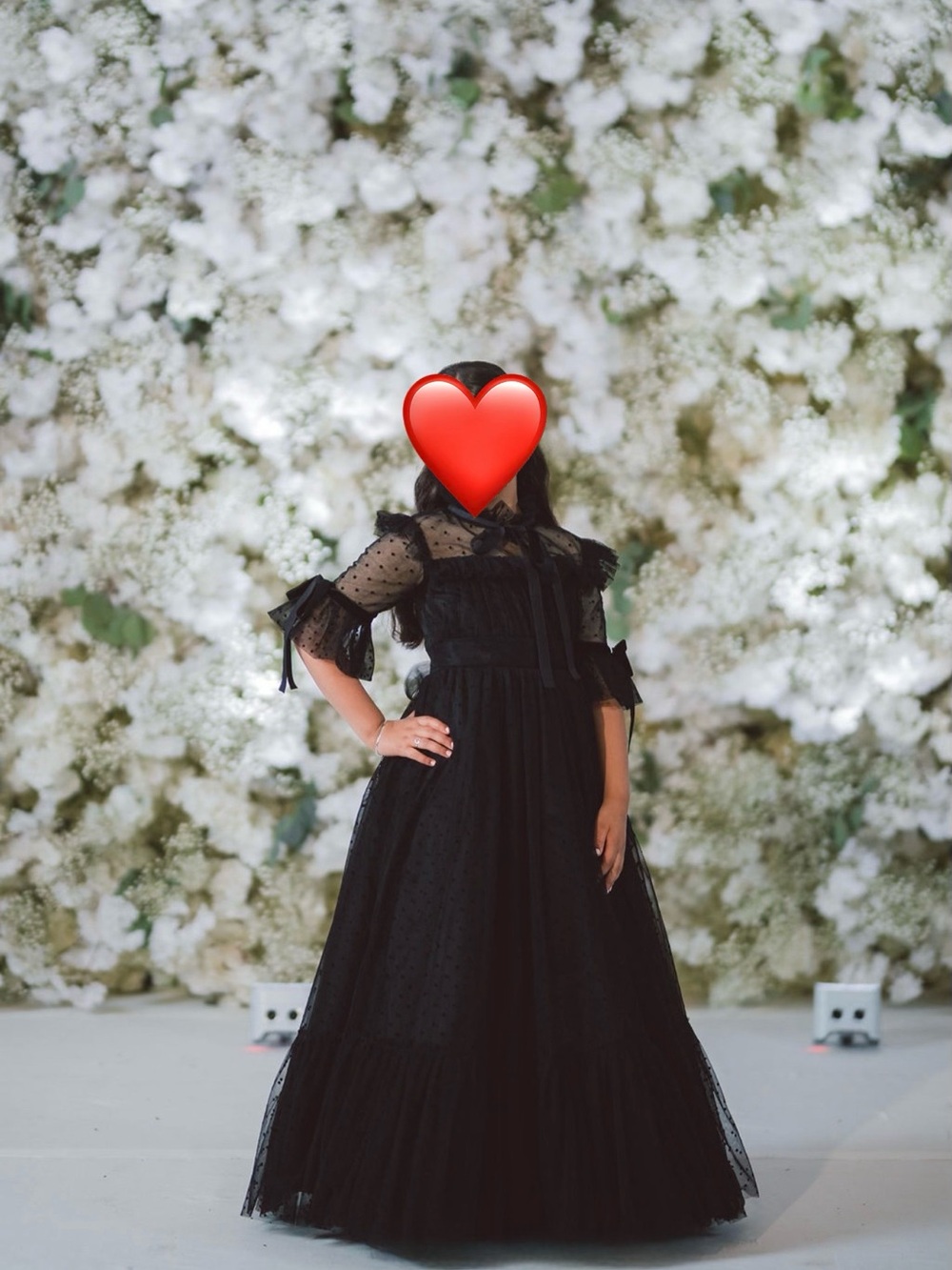 Elegant Black Tulle Maxi Dress with Sheer Polka-Dot Sleeves